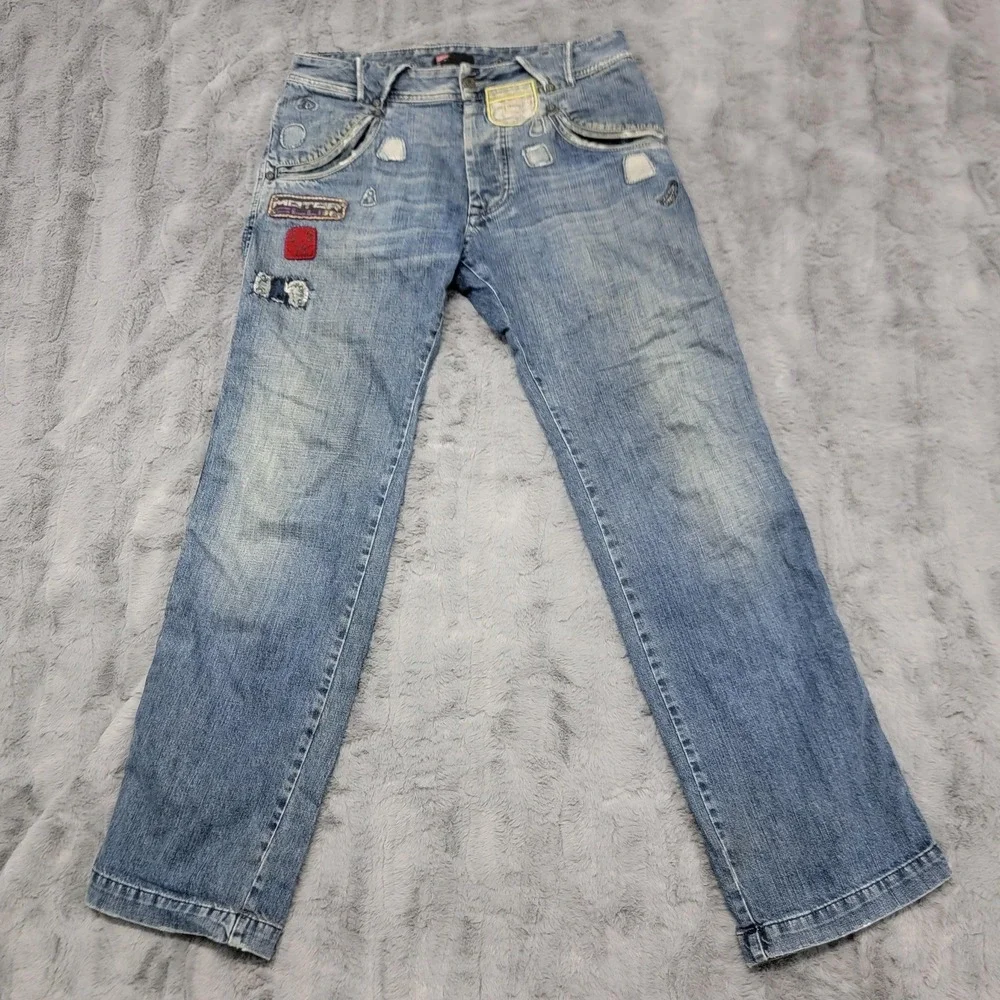 Diesel Jeans Mens 32x33‎ Blue Straight Distressed Motor Club Patch Biker Y2K
